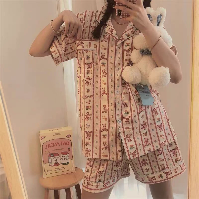 外贸睡衣女夏季薄款开衫短袖短裤甜美少女夏天新款宿舍女家居服