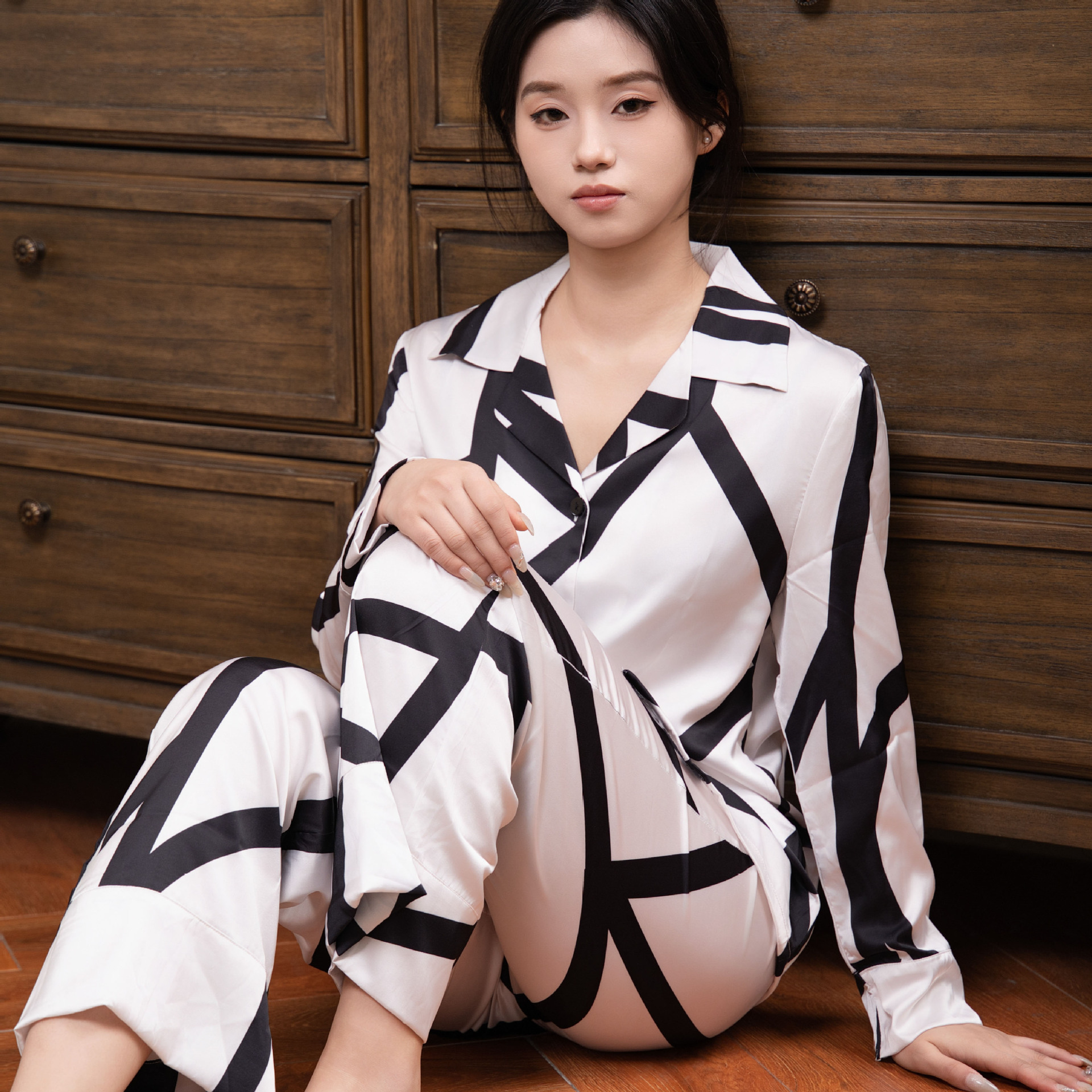 春夏四季款冰丝女士睡衣开衫长袖长裤印花家居服高货直播货源批发