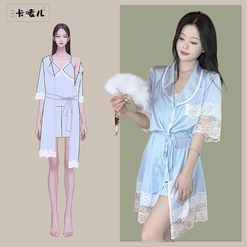 夏季气质显瘦网纱透气冰丝睡衣女家居服套装带胸垫可外穿慵懒风